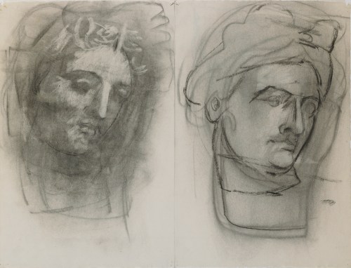 Two classical heads rendered in charcoal with smudging, stumping, and erasing