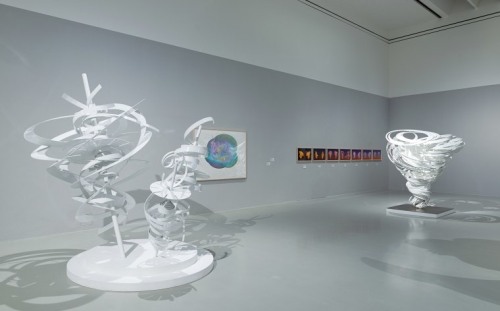 Installation view of white powder aluminum sculptures and drawings by Alice Aycock