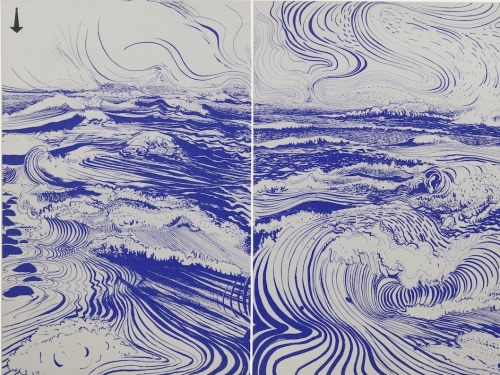 Screenprint by Brett Whiteley featuring blue lines against a white background forming an abstract ocean scene