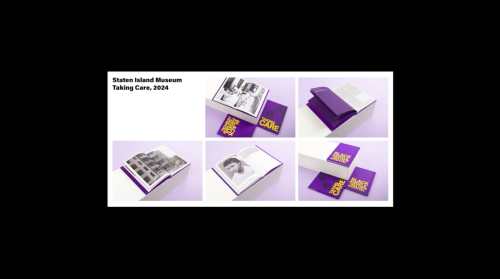 A colorful purple and yellow book for the Staten Island Museum of black and white photos is shown both open and closed.