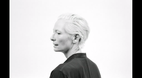 Actor Tilda Swinton photographed in black and white by Michael Stipe.