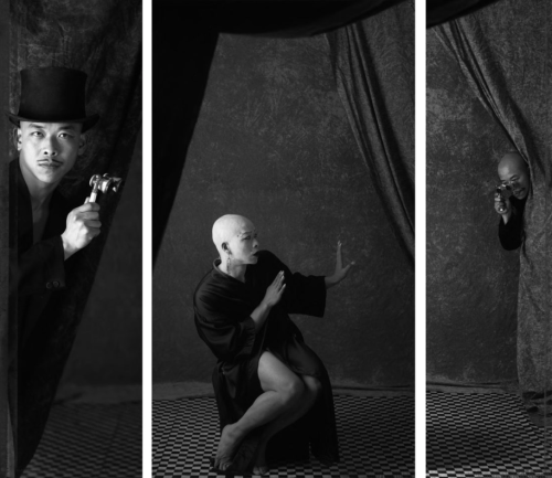 A man wears several different costumes in this dramatic black and white triptych photograph.