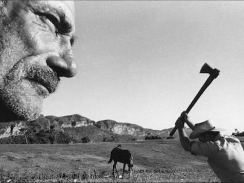 A field with hills on the horizon is shown here in black and white, with a horse grazing, a man raising an ax, and an elderly man's face all shown at varying distances from the lens.