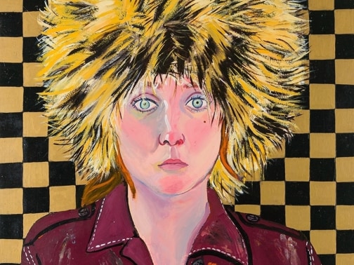 Detail of a painting by Joan Brown titled Self Portrait in Fur Hat from 1972