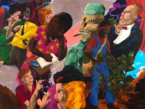 Detail of a painting by Robert Colescott titled Tobacco: Last Holdouts