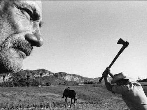 A field with hills on the horizon is shown here in black and white, with a horse grazing, a man raising an ax, and an elderly man's face all shown at varying distances from the lens.