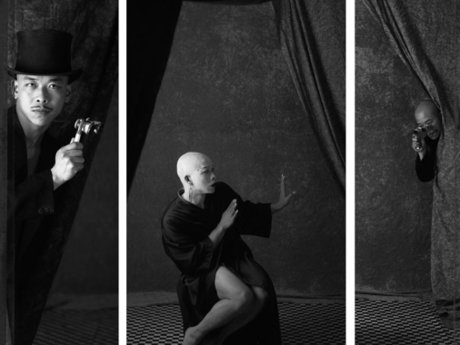 A man wears several different costumes in this dramatic black and white triptych photograph.