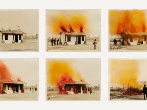 A series of black and white images of the same house on fire are painted on showing the bright colors of the fire.