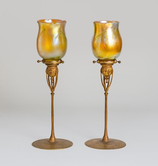 Rare Gilt Bronze Candlesticks with Favrile Glass Shades