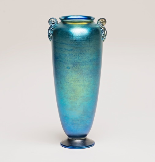 Blue Iridescent Favrile Glass Vase with Scroll Handles