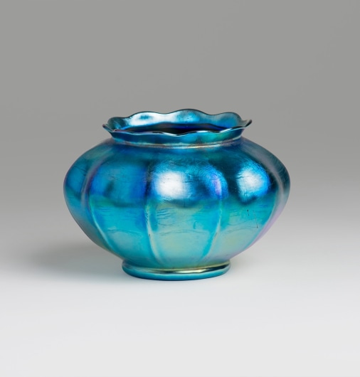 Ribbed Blue Iridescent Favrile Glass Vase