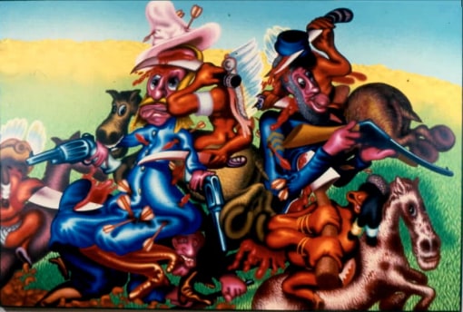 Exhibition announcement picturing Peter Saul, Custer's Last Stand 1991