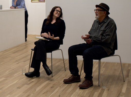 Enrique Chagoya and curator Jennifer Farrell in conversation at the opening of 'Borderless,' George Adams Gallery, New York, NY, 2023.