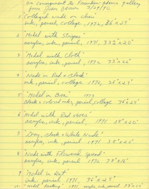 Joan Brown handwritten checklist of drawings
