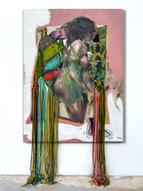 Mother Nature&#039;s Calling, 2021, Oil, felt tip pen, acrylic and wool yarn on linen