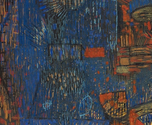 detail of Lee Mullican abstracted oil on canvas painting