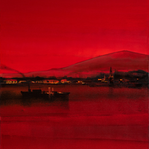 Red landscape painting with a boat