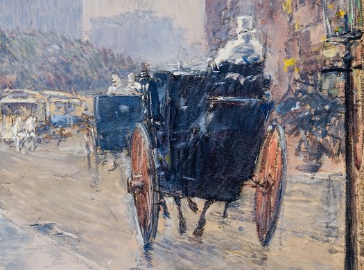 Entrance portal to Hirschl &amp; Adler Galleries inventory, featuring a detail of a watercolor by Childe Hassam (1859&ndash;1935), &quot;Rainy Day, New York&quot; (1892, watercolor on paper, 15 x 10 1/4 in.).