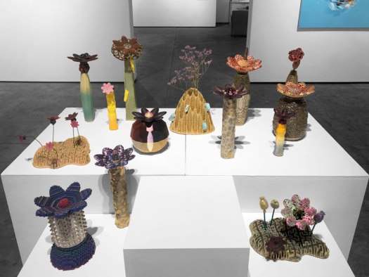 Installation shot of MAY FLOWERS: A Pop Up Exhibition with 3D printed ceramic and 3D printed plastic sculpture by LYNDA WEINMAN