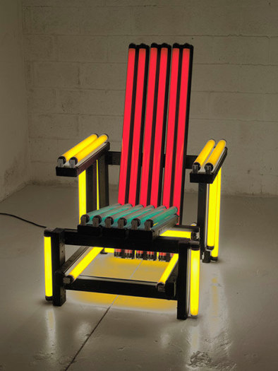 Iván Navarro Silla Electrica Azul y Roja (Blue and Red Electric Chair), 2003 Fluorescent tubes, painted metal boxes, plastic tubes 48 x 30 x 42 inches Collection Martin Z. Margulies