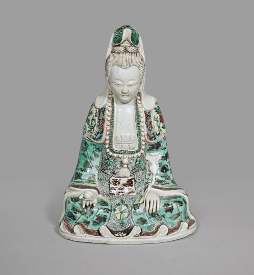 Chinese Famille Verte Glazed Biscuit Porcelain Figure of Guanyin