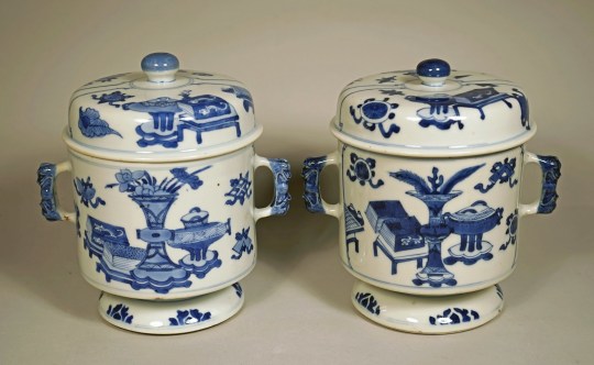 Pair of Chinese Export Blue and White Covered Jars