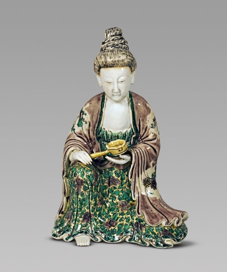 Chinese Famille Verte Glazed Biscuit Porcelain Figure of a Seated Woman