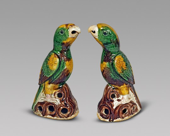 Pair of Chinese Sancai Glazed Biscuit Porcelain Parrots