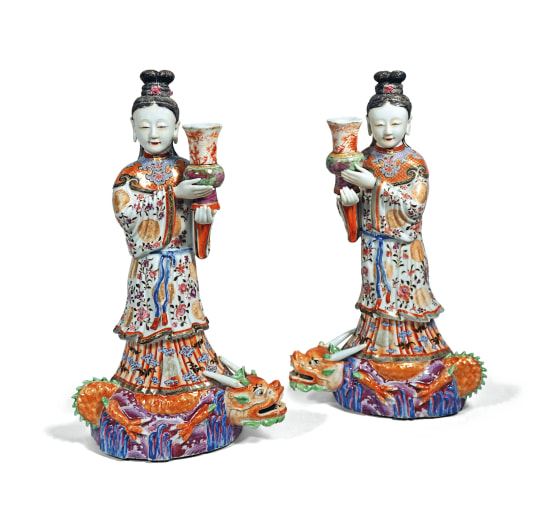 Very Rare Pair of Chinese Export Porcelain Figural Wall Sconces