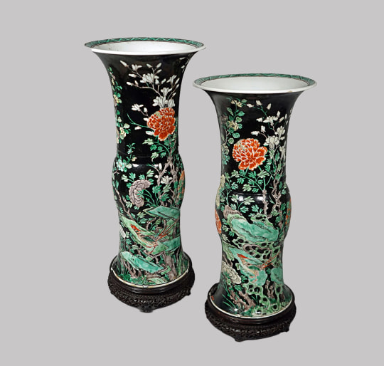 Rare Pair of Chinese Famille Noire Porcelain Beaker Vases