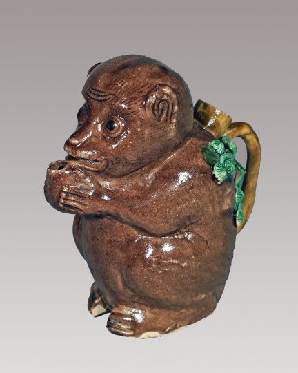 Rare Chinese Aubergine Glazed Biscuit Porcelain Monkey Ewer