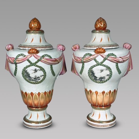 Rare Pair of Chinese Export Famille Rose Porcelain Urns and Covers