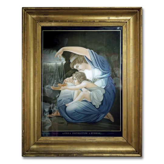 Superb Chinese Export Reverse Glass Painting, Astrea Instructing Arthegal