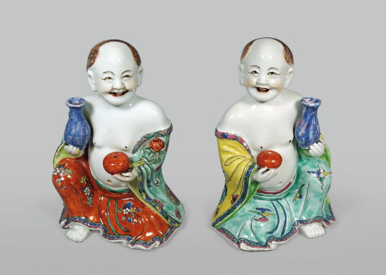 Pair of Chinese Export Porcelain Figures of Seated Lohans