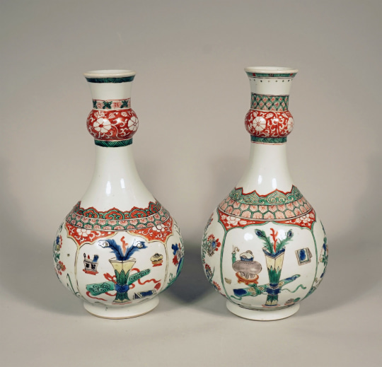 Pair of Famille Verte Garlic Neck Vases