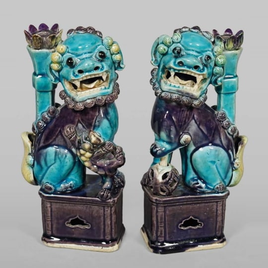 Pair of Chinese Fahua Glazed Porcelain Fu Dogs