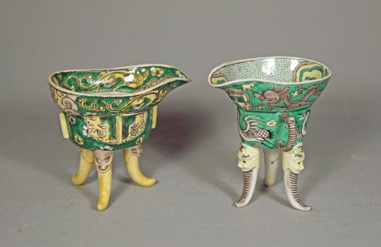 Two Rare Chinese Famille Verte Porcelain Archaistic Wine Cups