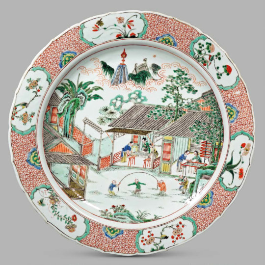 Rare Chinese Famille Verte Porcelain Silk Culture Plate