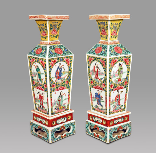 Pair of Chinese Famille Rose Porcelain Quadrangular Vases and Stands
