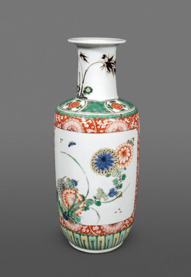 Fine Chinese Famille Verte Porcelain Cabinet Sized Rouleau Vase