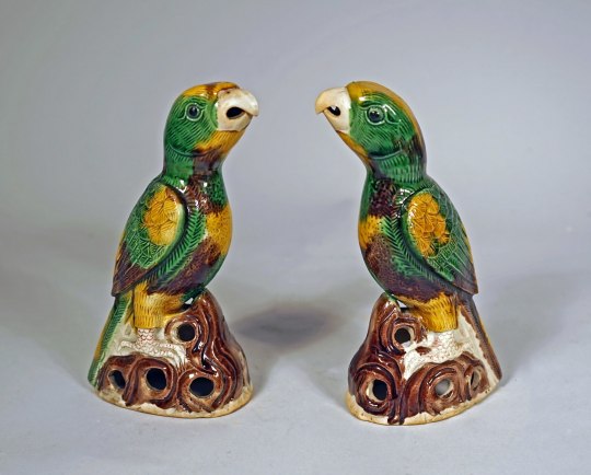 Pair of Chinese Sancai Glazed Biscuit Porcelain Parrots