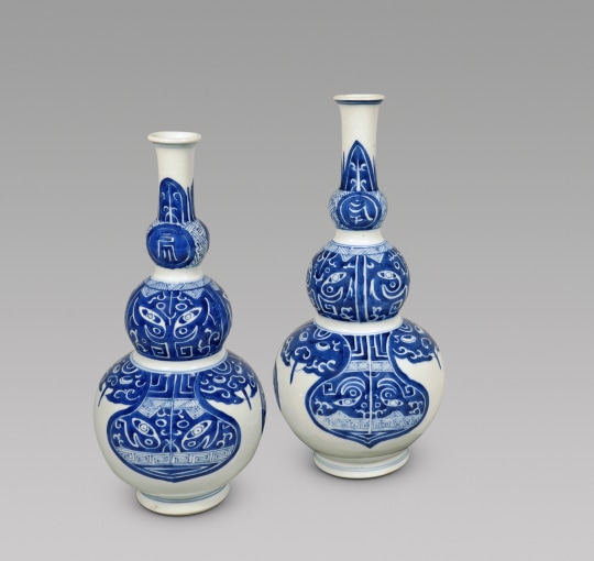 Pair of Chinese Blue and White Porcelain Triple Gourd Vases