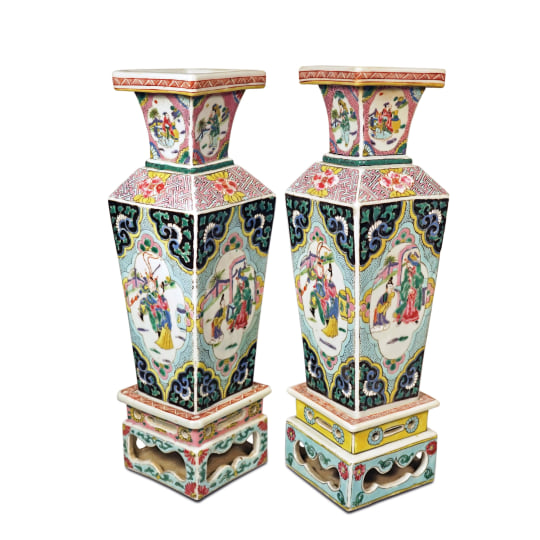 Pair of Chinese Rose Verte Quadrangular Vases and Bases