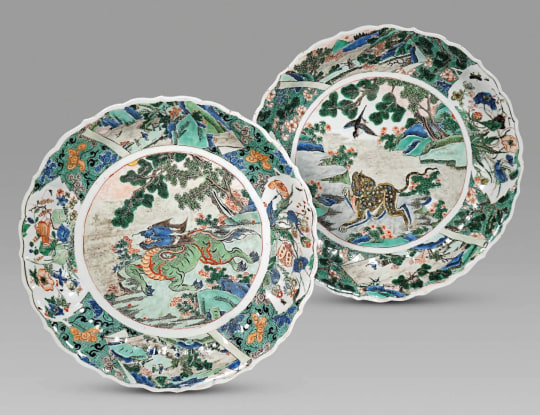 Fine and Rare Pair of Famille Verte Porcelain Plates