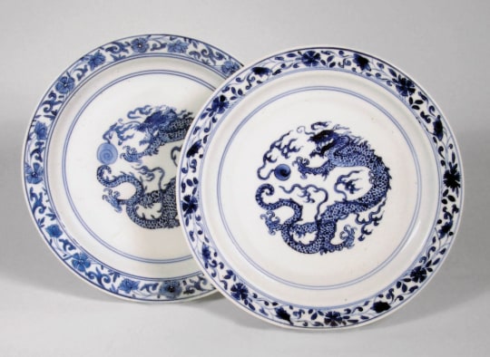 Pair of Chinese Blue and White Porcelain Dragon Dishes