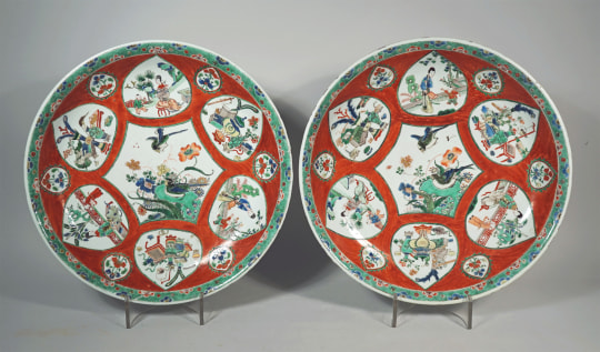 Fine Pair of Chinese Red Ground Famille Verte Porcelain Plates