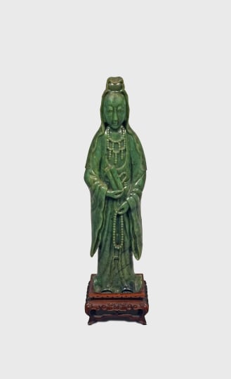 Chinese Carved Spinach Jade Figure of Guanyin