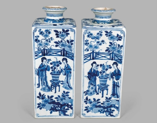 Pair of Chinese Export Blue and White Porcelain Quadrangular Bottles