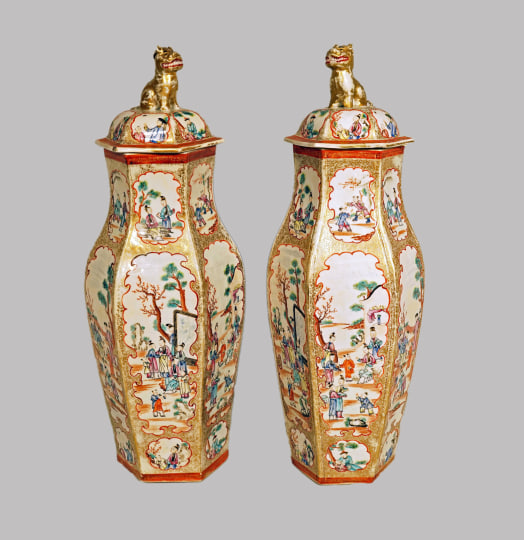Pair of Chinese Famille Rose Hexagonal Covered Vases