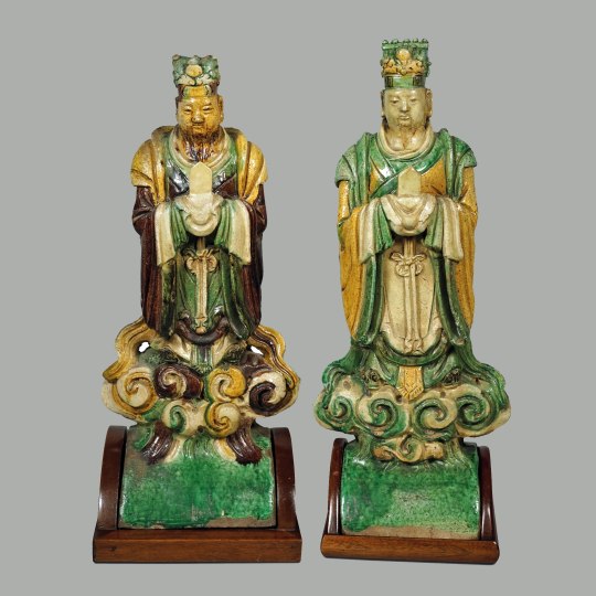 Fine Pair of Chinese Sancai Glazed Figural Rooftiles